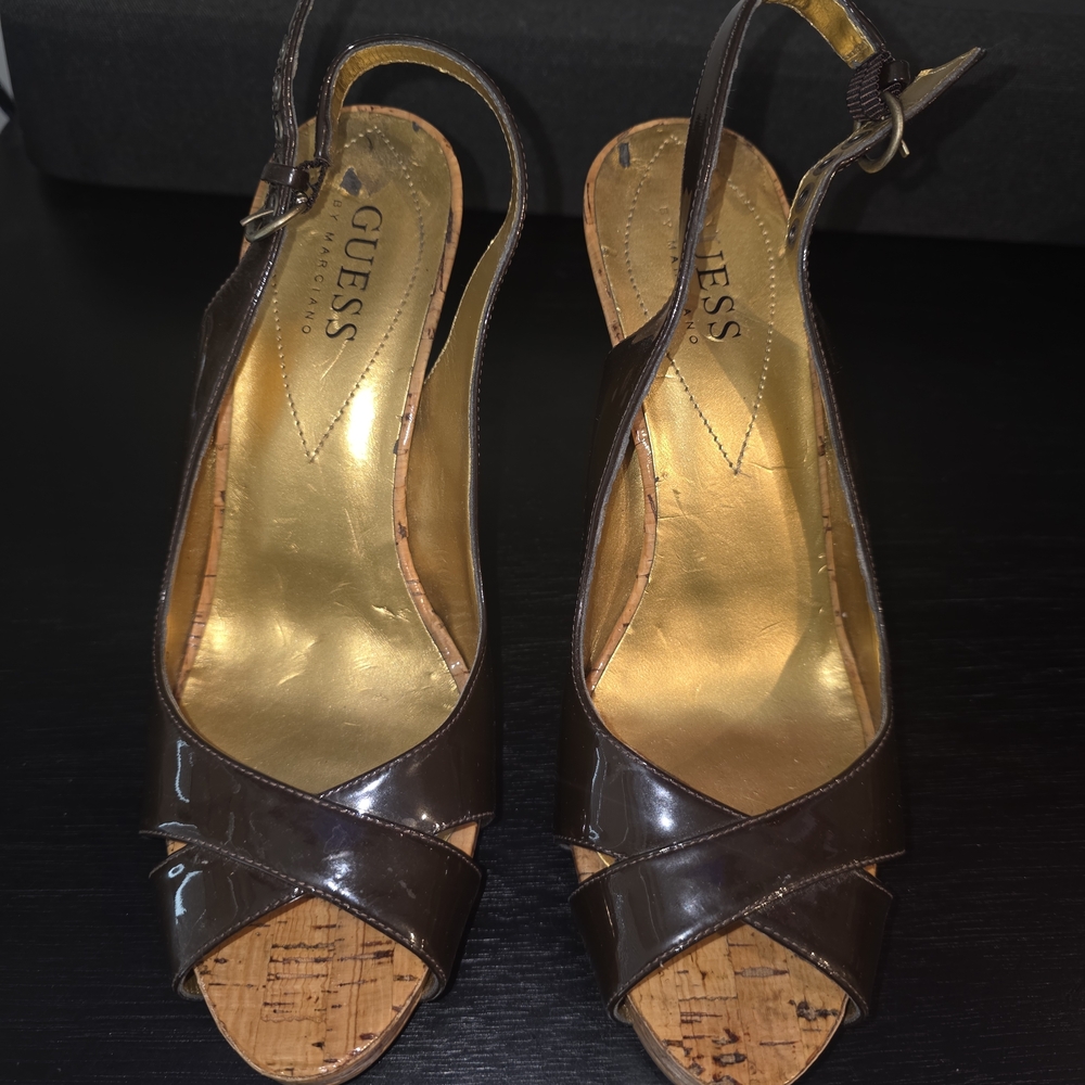GUESS Brown Patent Leather Cork Platform Slingback Heels